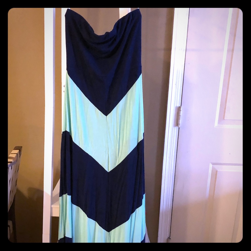 Strapless navy and light blue chevron maxi dress